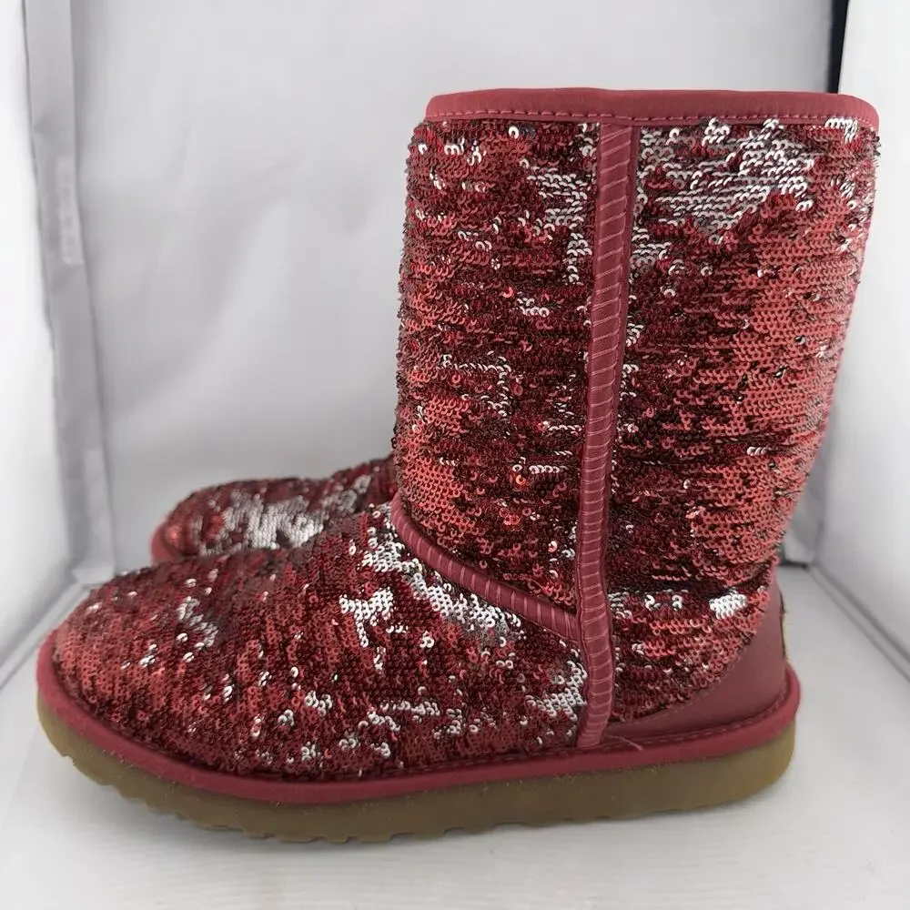 Ugg‎ Australia Women's Red And Silver Sequin Short Boot SN 1003121 US 7